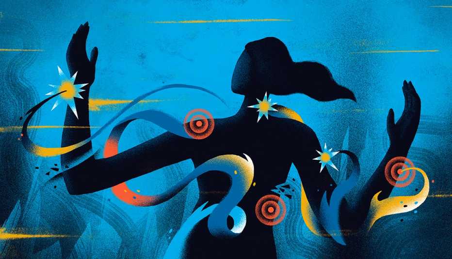 Ilustración de una mujer rodeada de ondulaciones y circulos de colores Ilustración de una mujer rodeada de ondulaciones y circulos de colores