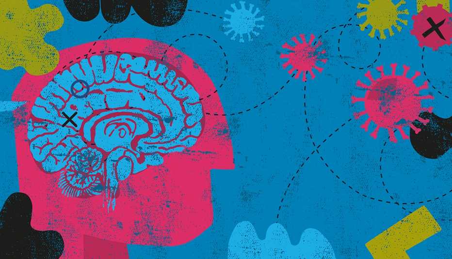 Ilustración de la cabeza de una persona que muestra su cerebro y células de la covid flotando a su alrededor Ilustración de la cabeza de una persona que muestra su cerebro y células de la covid flotando a su alrededor