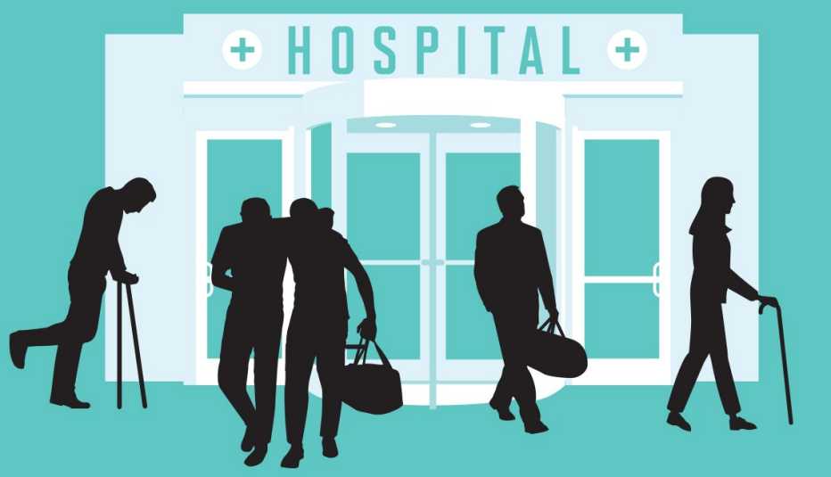 Gráfico de diferentes personas llegando o saliendo de un hospital