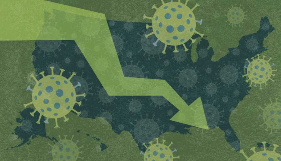 Ilustración que muestra el virus del coronavirus, el mapa de Estados Unidos y una fecha que apunta hacia abajo