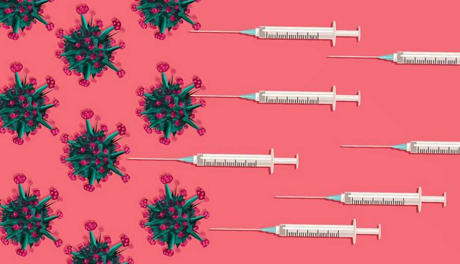 Ilustración que muestra muchas inyecciones en dirección del virus de COVID