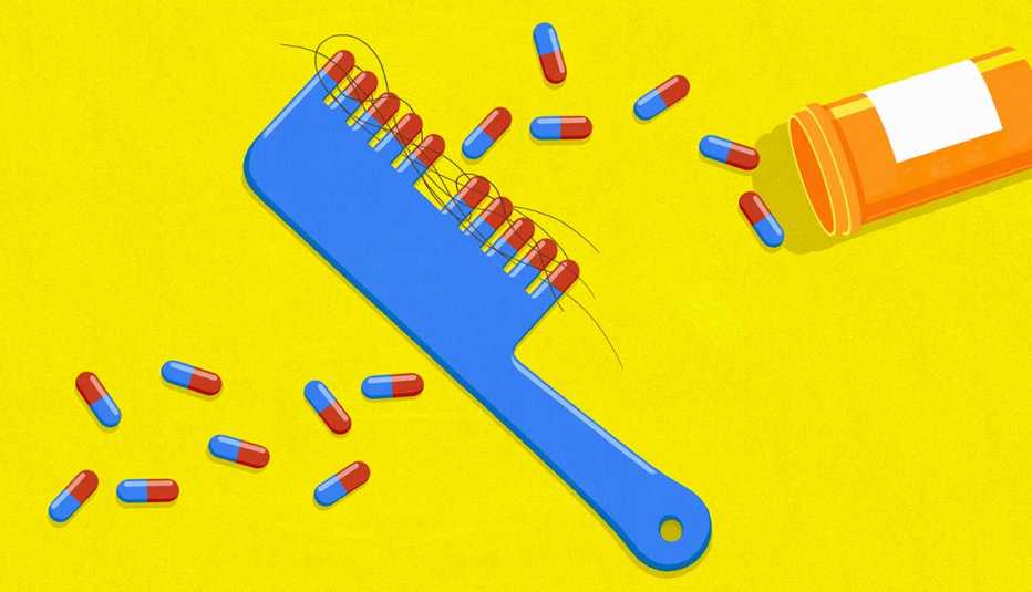 Ilustración de un pote de pastillas que se derrama sobre una peineta con cabellos sueltos