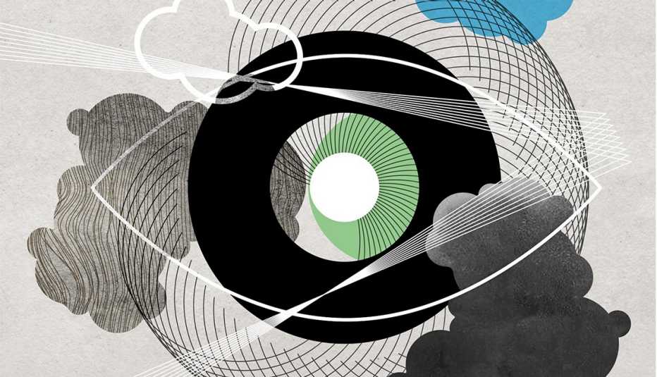 Ilustración de un ojo y nubes gris y negras