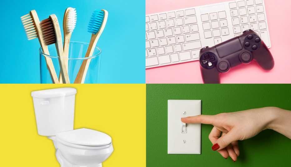 Imágenes de un teclado, un control de videojuegos, un interruptor de luz, cepillos de dientes y un inodoro