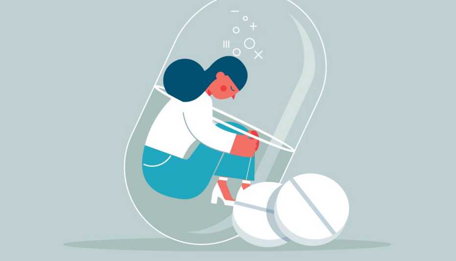 Ilustración de una mujer dentro de una cápsula y dos pastillas 