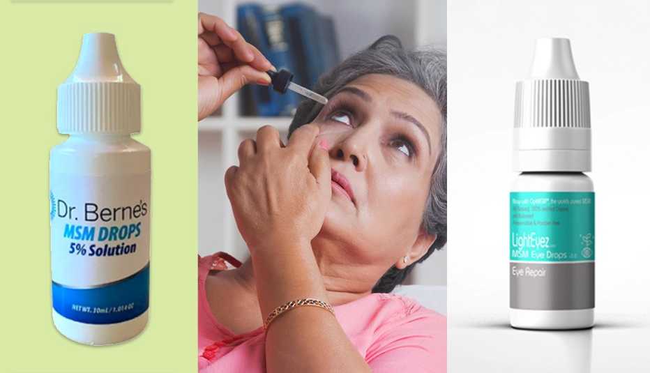 Composición de tres fotos; gotas de ojos de las marcas Dr. Bernes y LightEyez y una persona se pone gotas en los ojos