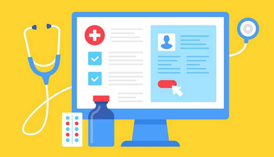 Ilustración de una computadora, medicamentos y un estetoscopio