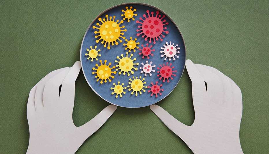 Ilustración de unas manos que sostienen un platito con viruses de COVID