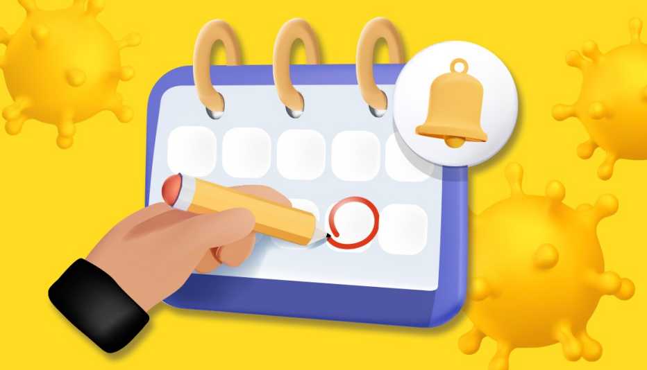 Gráfico de una persona marcando un día en un calendario y partículas de virus en un fondo amarillo