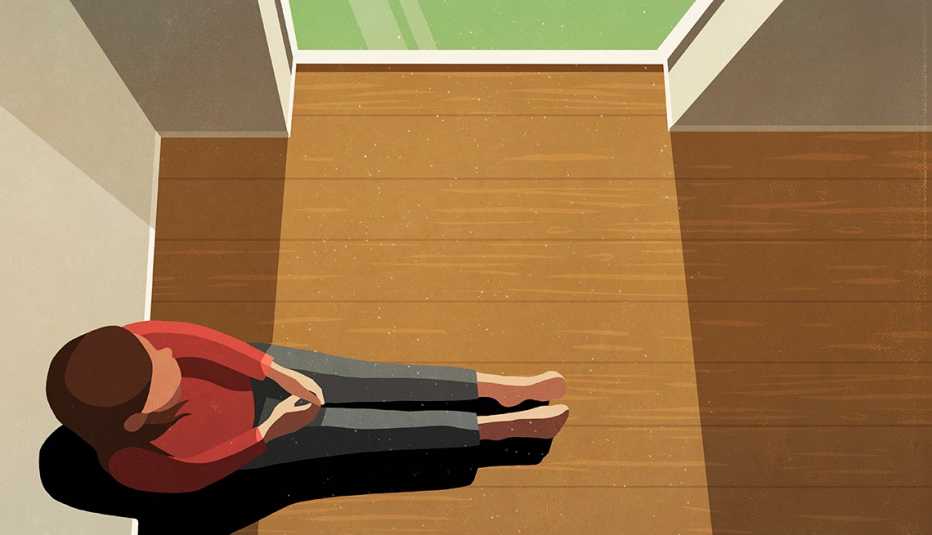 Ilustración de una mujer sola dentro de una casa mirando por una ventana