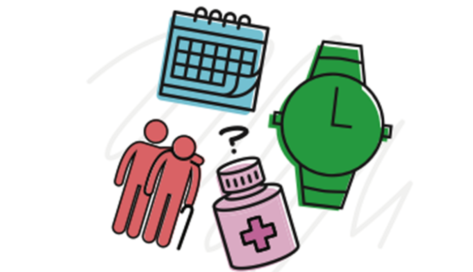 Illustrations of a calendar, watch, two people including one with a cane and a pill bottle with a question mark over it
