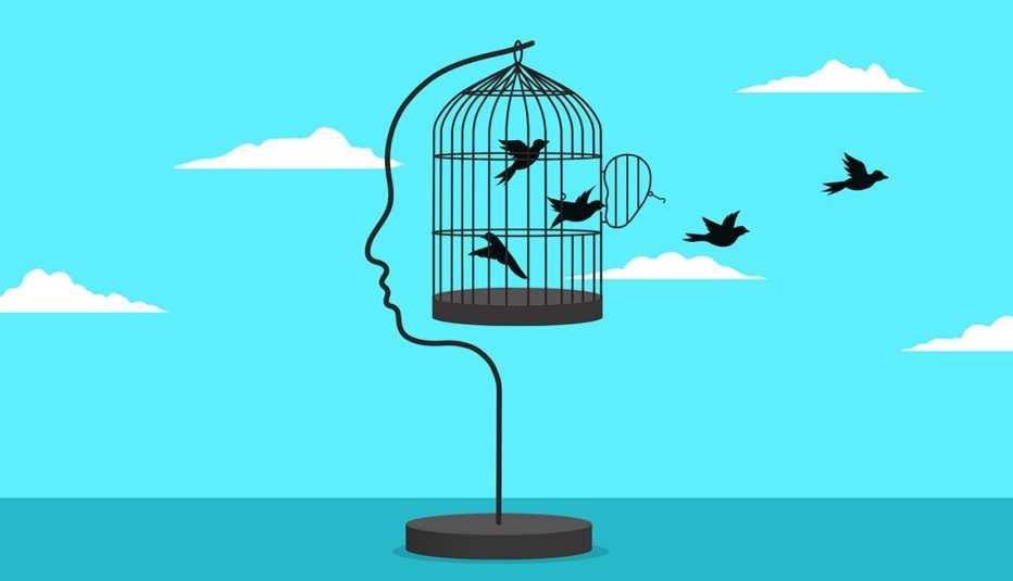 Ilustración de pájaros volando fuera de una jaula