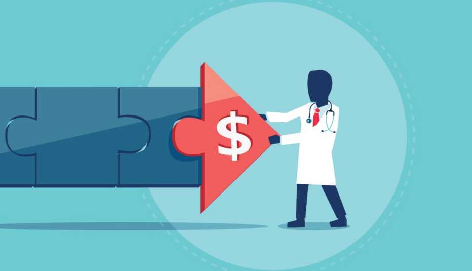 Ilustración de una flecha de rompecabezas que tiene en la punta un signo de dolar y apunta a un médico