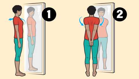 Ilustración de una mujer observando su postura en un espejo de cuerpo completo Ilustración de una mujer observando su postura en un espejo de cuerpo completo