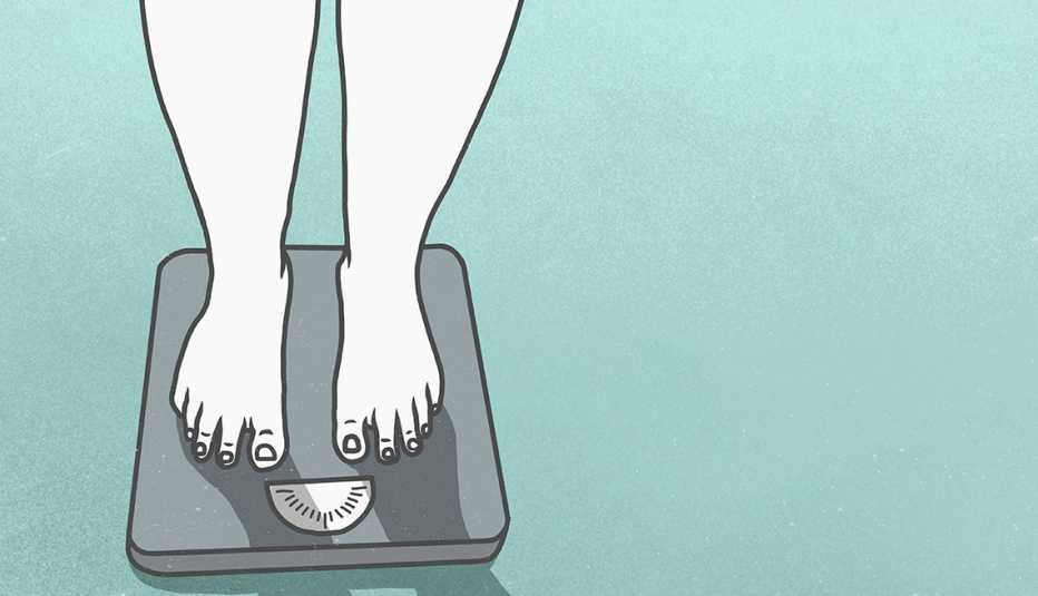 Ilustración de una mujer en una balanza pesándose