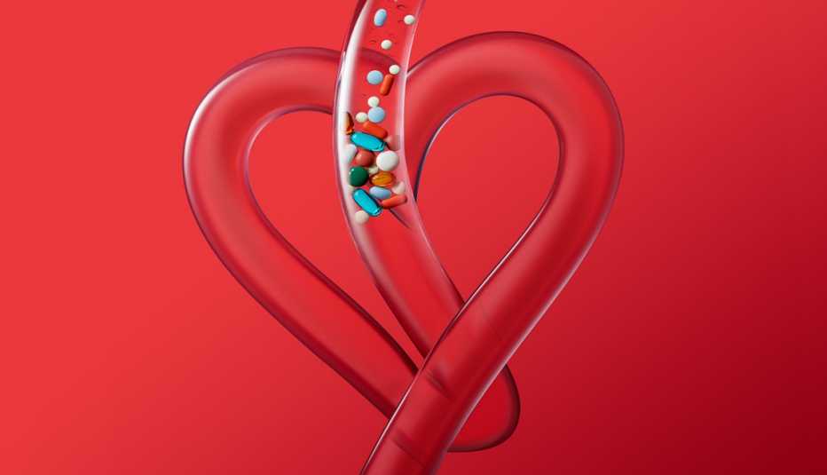 Ilustración de un tubo en forma de corazón y varios medicamentos bajan por el