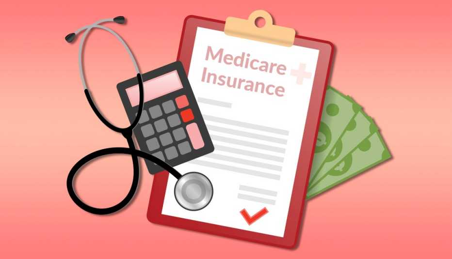 Gráfico de un porta papeles con un formulario de Medicare, una calculadora, un estetoscopio y varios dólares