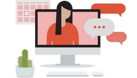 Ilustración de una mujer que sale de la pantalla de una computadora con burbujas de conversación a su alrededor. Ilustración de una mujer que sale de la pantalla de una computadora con burbujas de conversación a su alrededor.