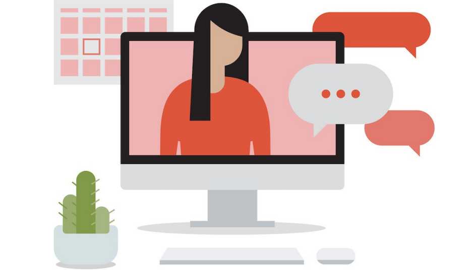Ilustración de una mujer que sale de la pantalla de una computadora con burbujas de conversación a su alrededor.