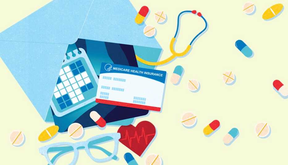 Ilustración de un sobre del cual salen medicamentos, una tarjeta de medicare, un calendario, unos espejuelos, un estetoscopio y un corazón