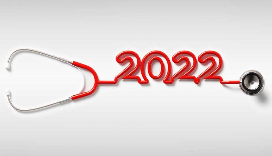 Un estetoscopio con cable rojo formando el año 2022 sobre fondo blanco.