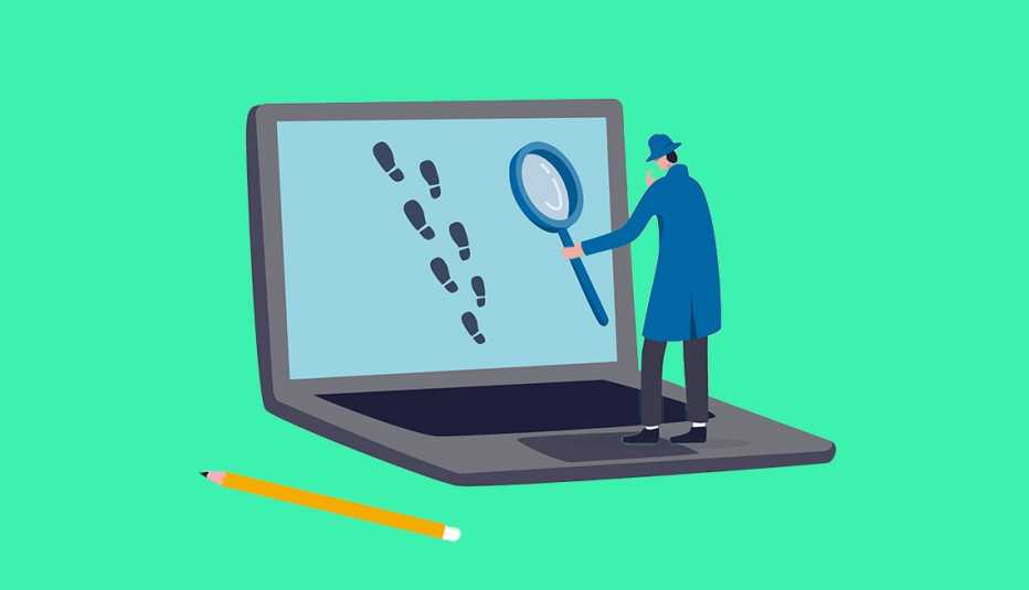 Ilustración de un detective rastreando pistas en la computadora.