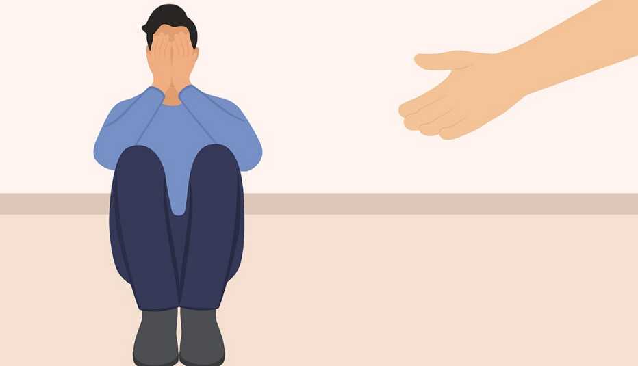Ilustración de un hombre sentado ocultando su rostro con sus manos y otra mano extendida de una persona que le brinda ayuda.
