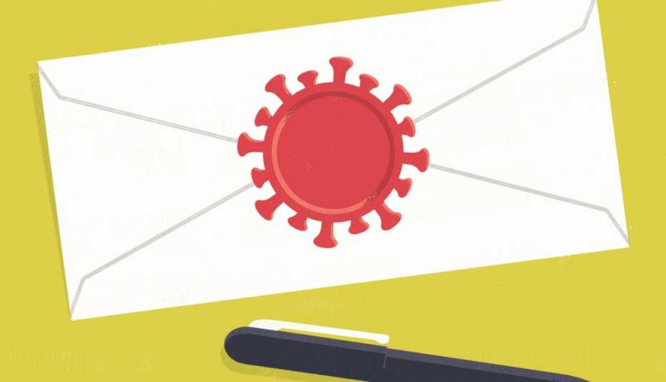 Sobre con un sello en forma de coronavirus y un lapicero al lado.