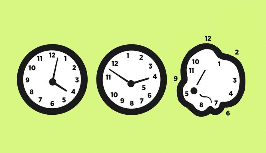 Ilustración de tres relojes y el tercero está deforme