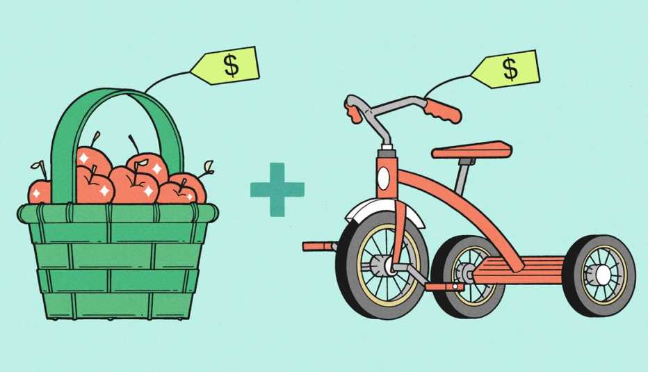 Ilustración de una canasta con manzanas y un triciclo ambos con una etiqueta de precio