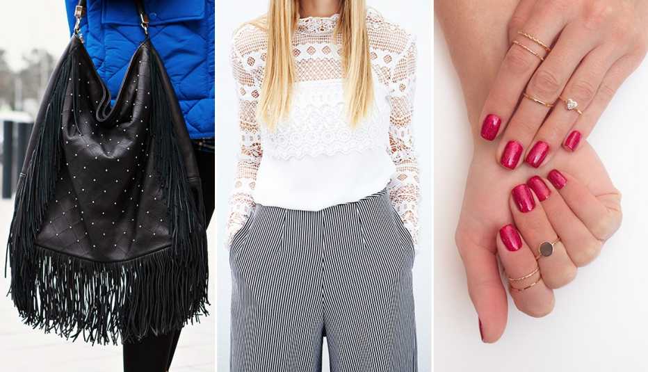 Un bolso negro con flecos, una mujer con un top de encaje blanco y una mano de mujer mostrando su color de uñas magenta.