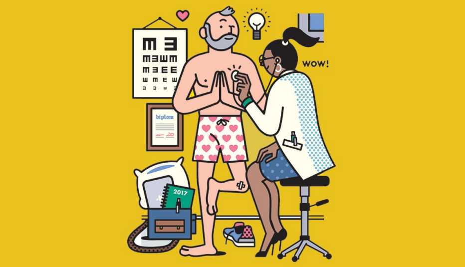Gráfico de un médico examinando a su paciente