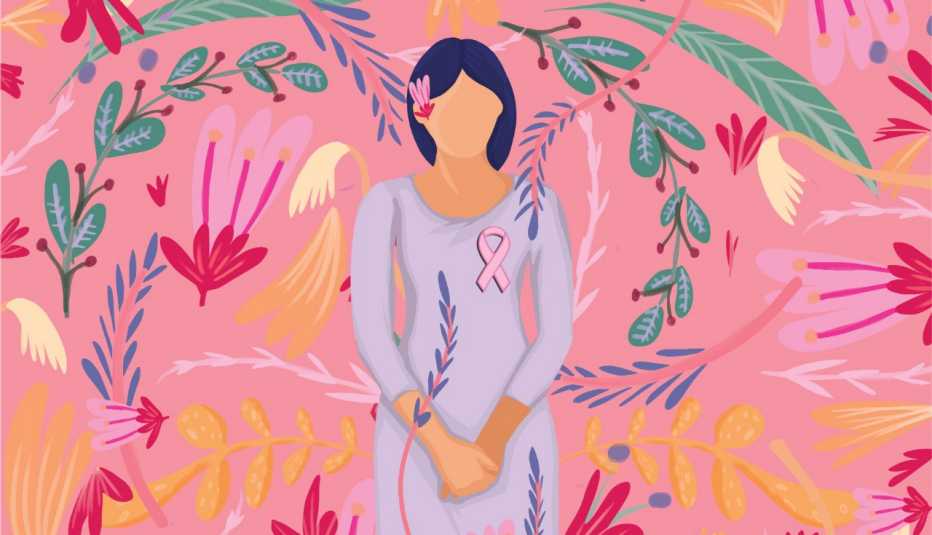 Gráfico de una mujer con un lazo rosado en su pecho y un fonde de flores