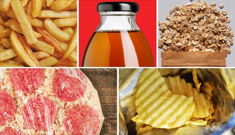 En el orden de las manecillas del reloj, papas fritas, te embotellado, granola, pizza congelada y chips