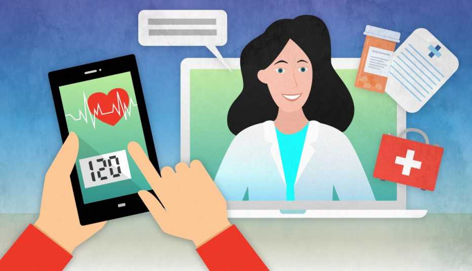 Ilustración de un paciente en una consulta médica virtual