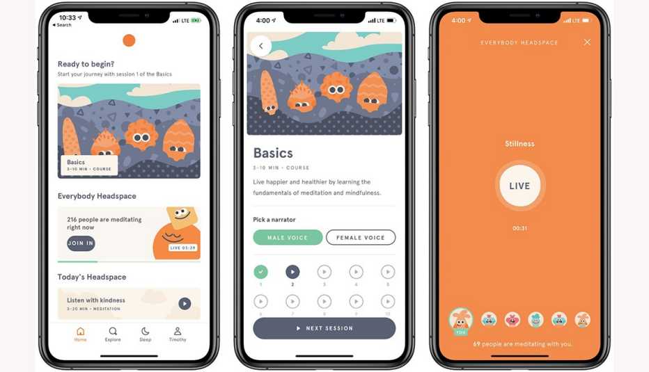 Varias capturas de pantalla de la aplicación Headspace
