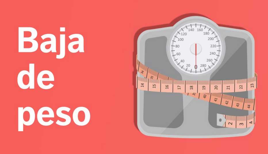Una balanza envuelta en una cinta de medir y un texto que dice baja de peso