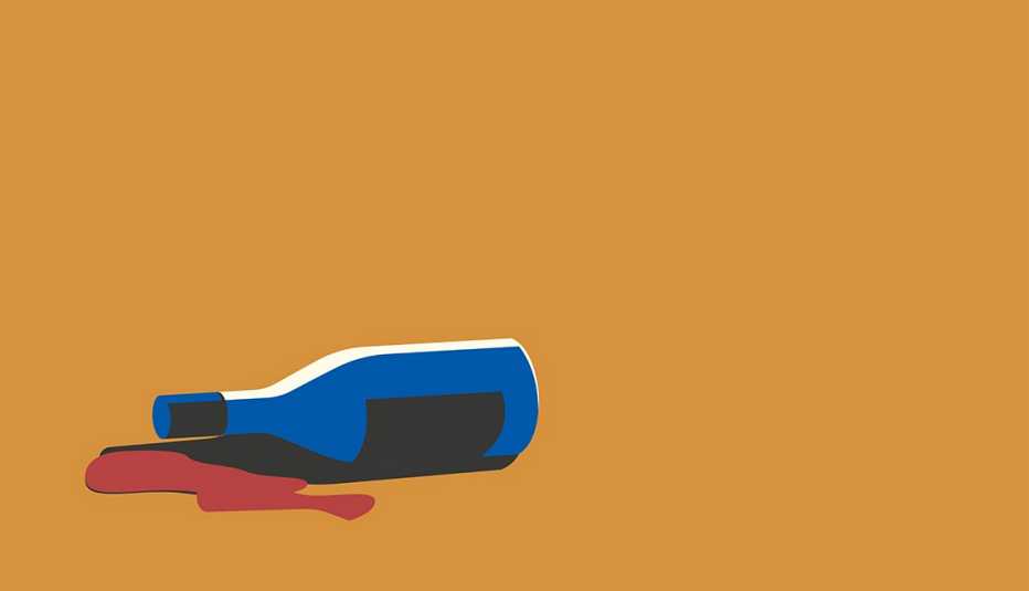 Ilustración de una botella de vino derramada sobre un fondo color mostaza