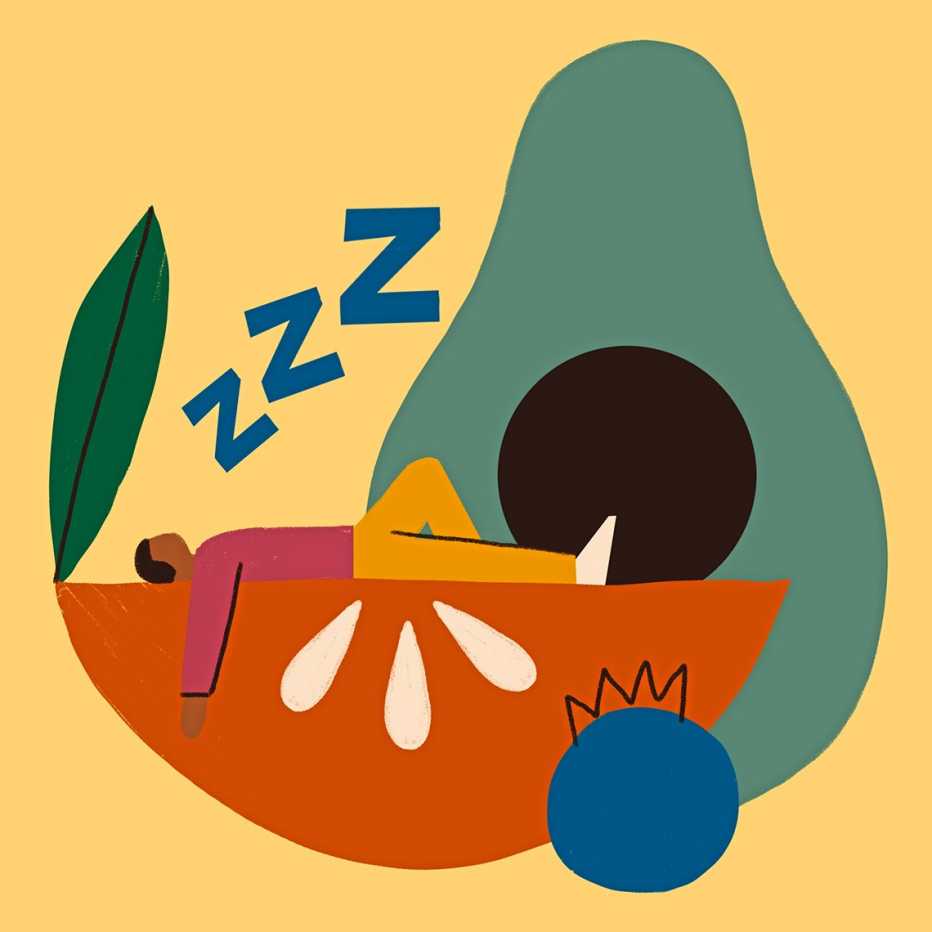 Ilustración de una persona de dibujos animados durmiendo en una rodaja de manzana junto a un aguacate y un arándano Ilustración de una persona de dibujos animados durmiendo en una rodaja de manzana junto a un aguacate y un arándano