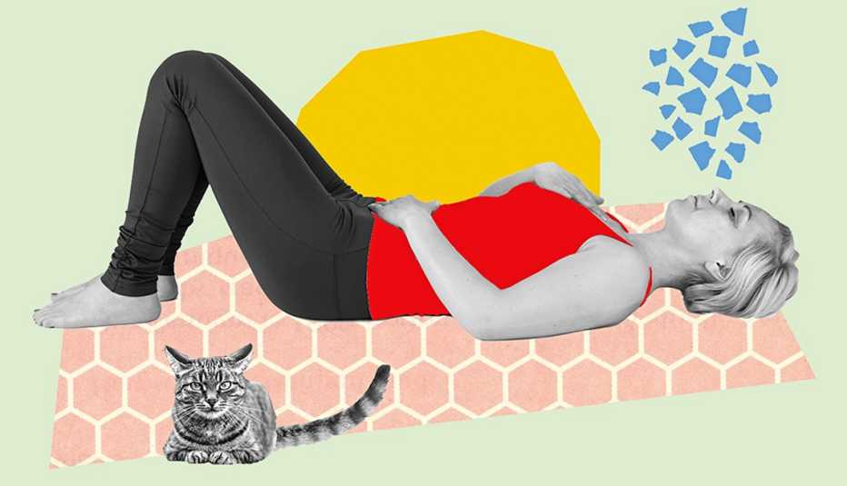 Ilustración de una mujer acostada en el piso respirando profundo