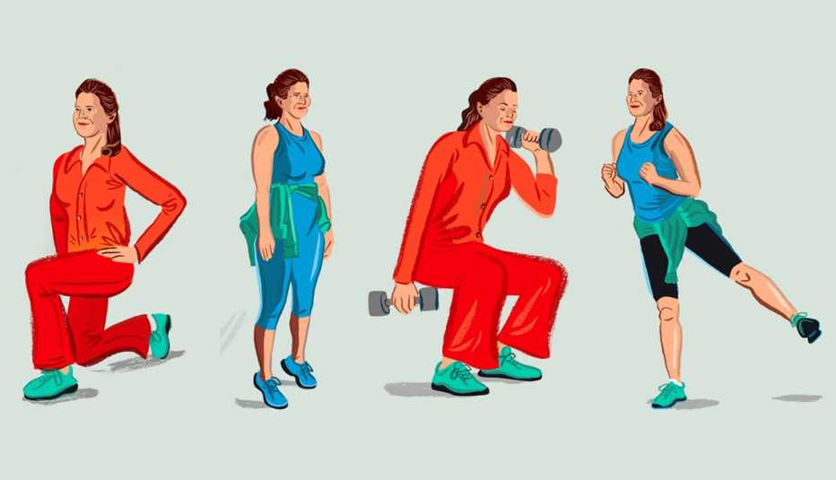 De izquierda a derecha, tipos de sentadillas que incluyen sentadillas divididas, sentadillas con elevación del talón, sentadillas con desplazamiento con mancuernas y sentadillas con patada lateral.