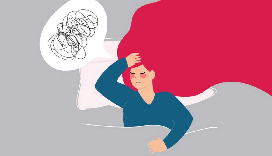 Ilustración de una caricatura de mujer que no puede dormir. Y una nube de pensamientos que muestra confusión de pensamientos