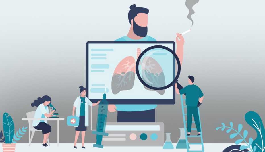 Ilustración de un hombre fumando mientras varios médicos lo examinan Ilustración de un hombre fumando mientras varios médicos lo examinan