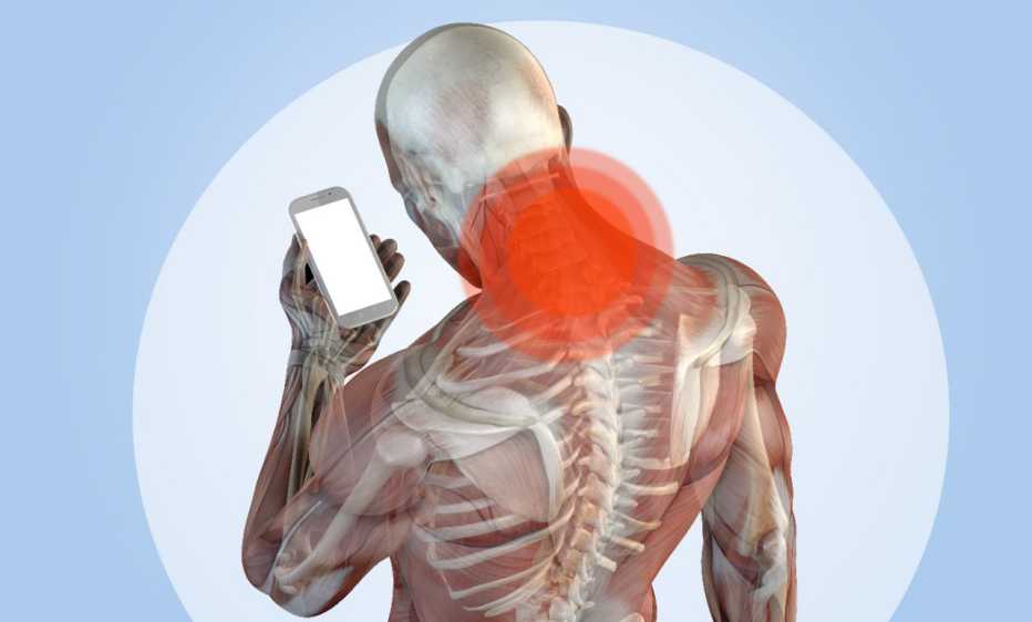 Ilustración de un cuerpo masculino donde se aprecian los huesos y los músculos mientras mira un teléfono inteligente. Mientras se hace énfasis en la postura del cuello Cuello tecnológico