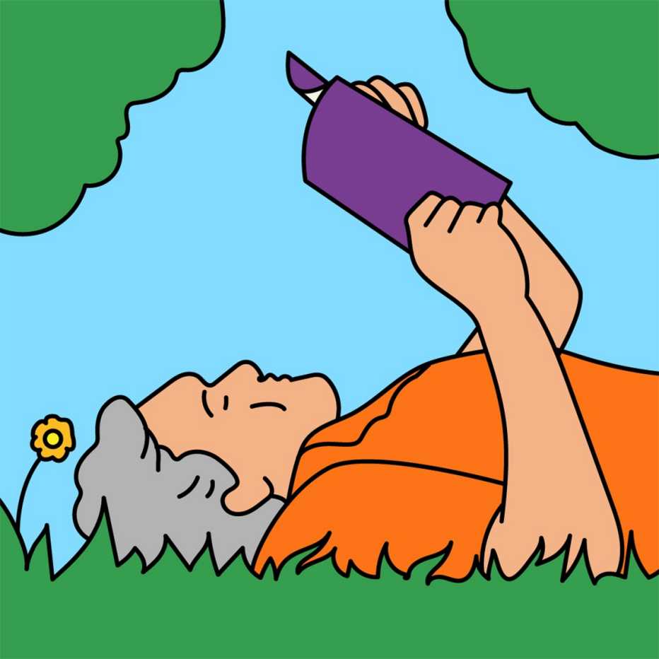 Ilustración de un hombre relajándose al aire libre y leyendo.