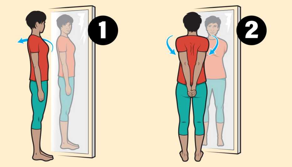 Ilustración de una mujer observando su postura en un espejo de cuerpo completo Ilustración de una mujer observando su postura en un espejo de cuerpo completo