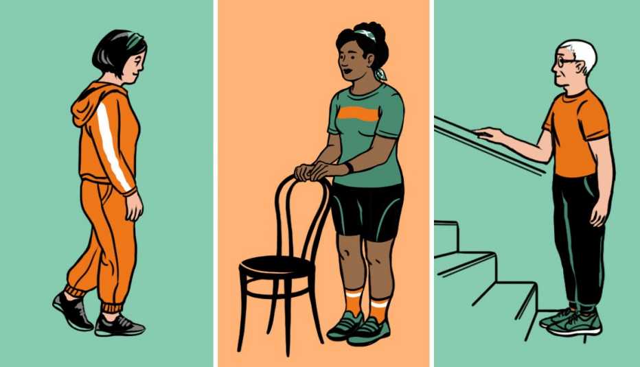 Ilustración de tres personas ejercitándose en casa