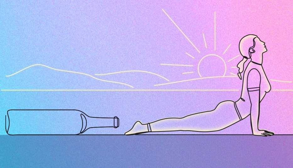 Ilustración de una mujer haciendo yoga con una botella de vino vacía a su lado. Ilustración de una mujer haciendo yoga con una botella de vino vacía a su lado.