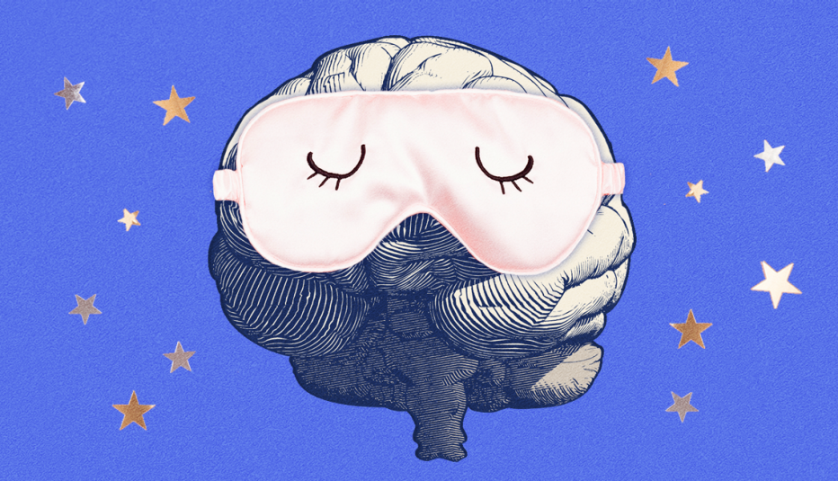 brain wearing sleep mask on blue background with stars