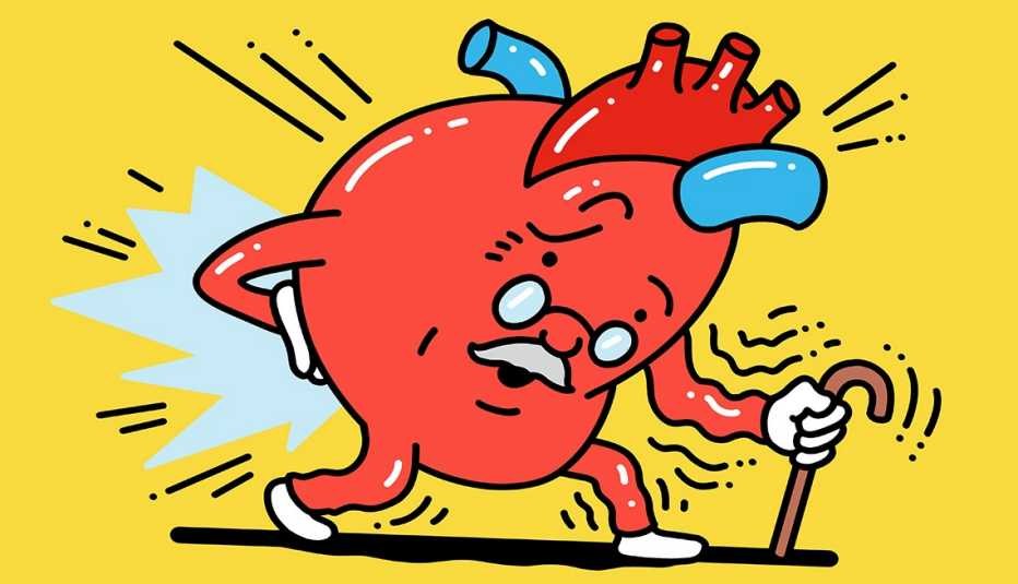 Una ilustración de un corazón viejo caminando con un bastón.